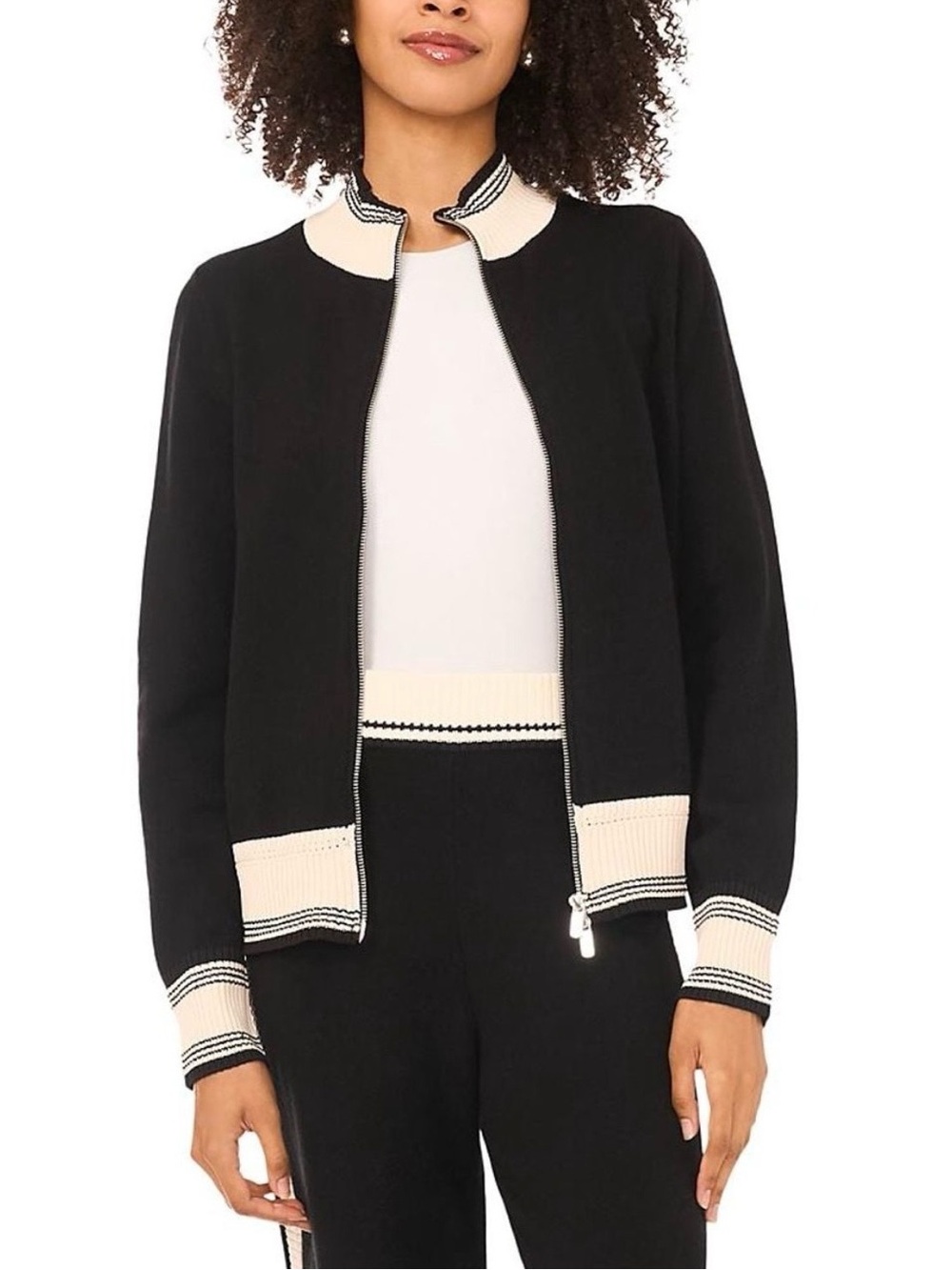 Vince Camuto Contrast Trim Track Jacket Black Ivory Size S